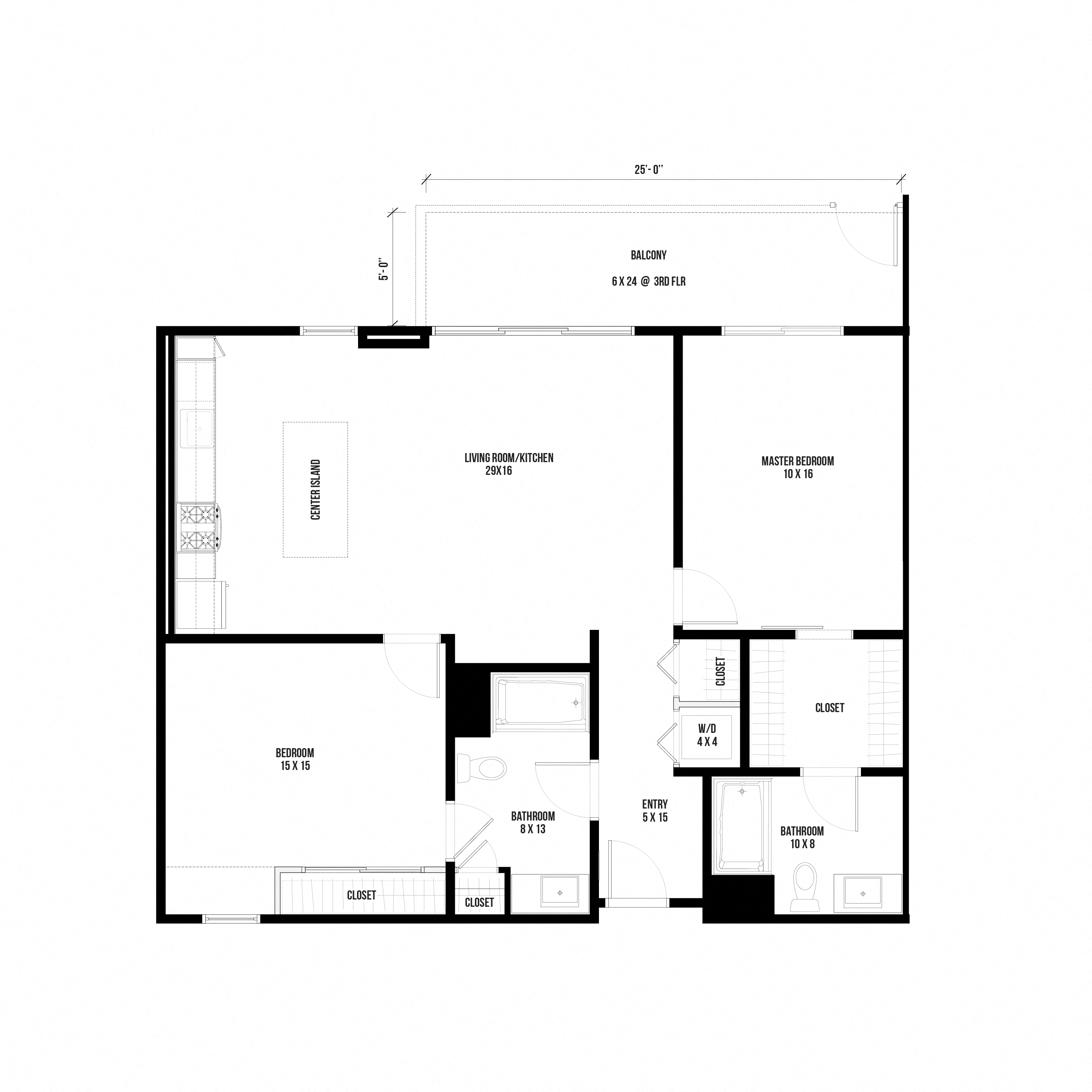 Floor plan for 2 beds, 2 baths, 1136 sqft